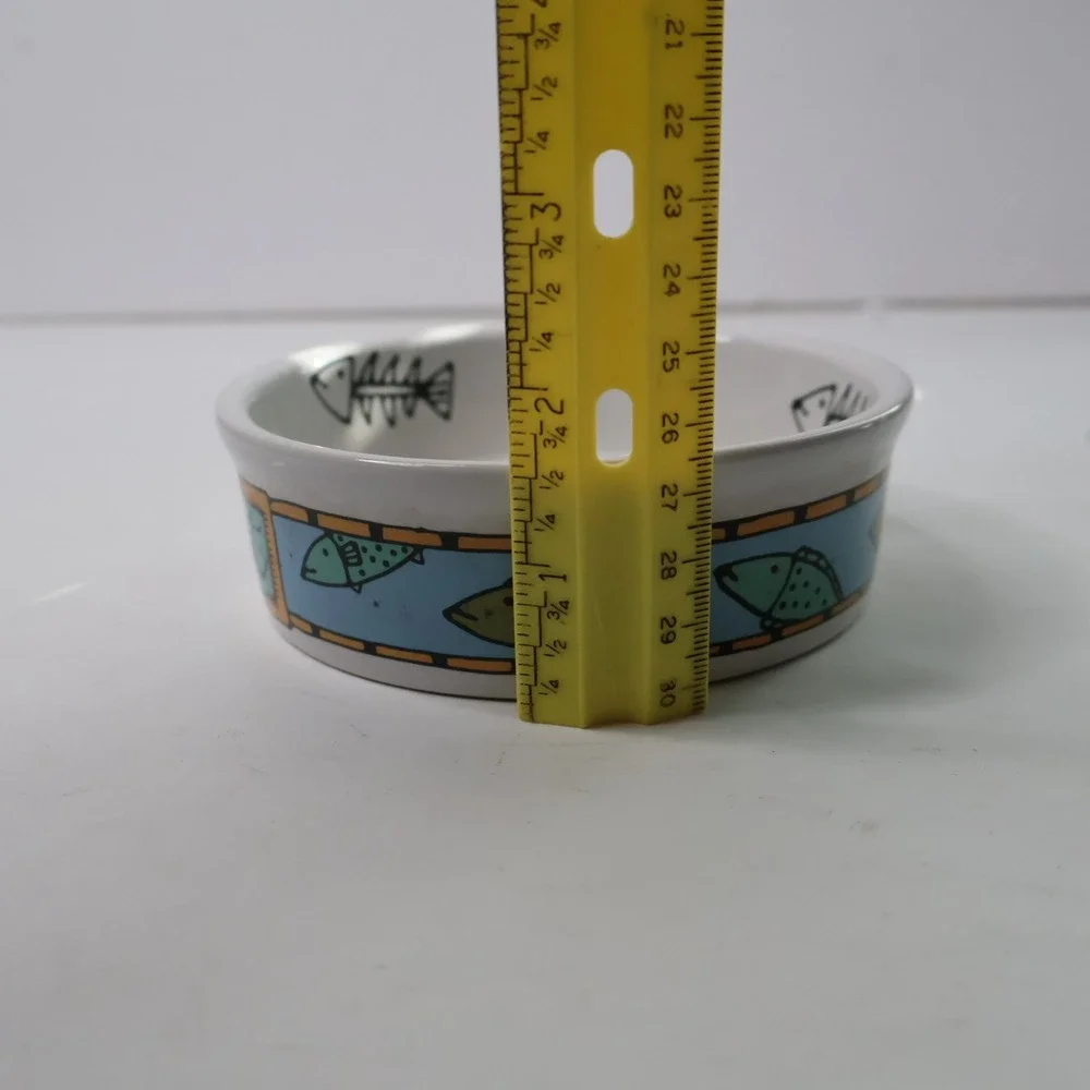 Ursula Dodge Signature Housewares Cat Bowl Stoneware Fish Bone Blue White 5 inch